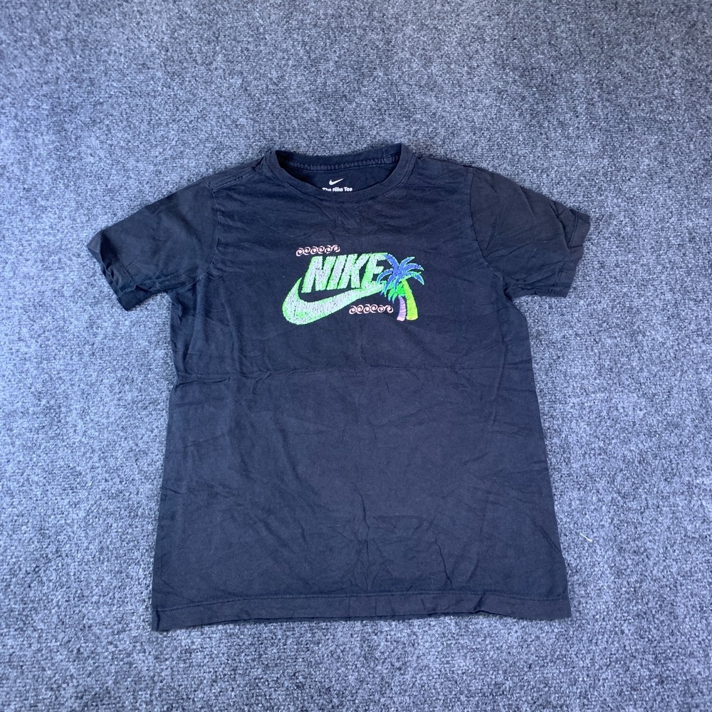 Nike T-Shirt Boys Large Black Swoosh Logo Palm Tree Graphic Crewneck Performance